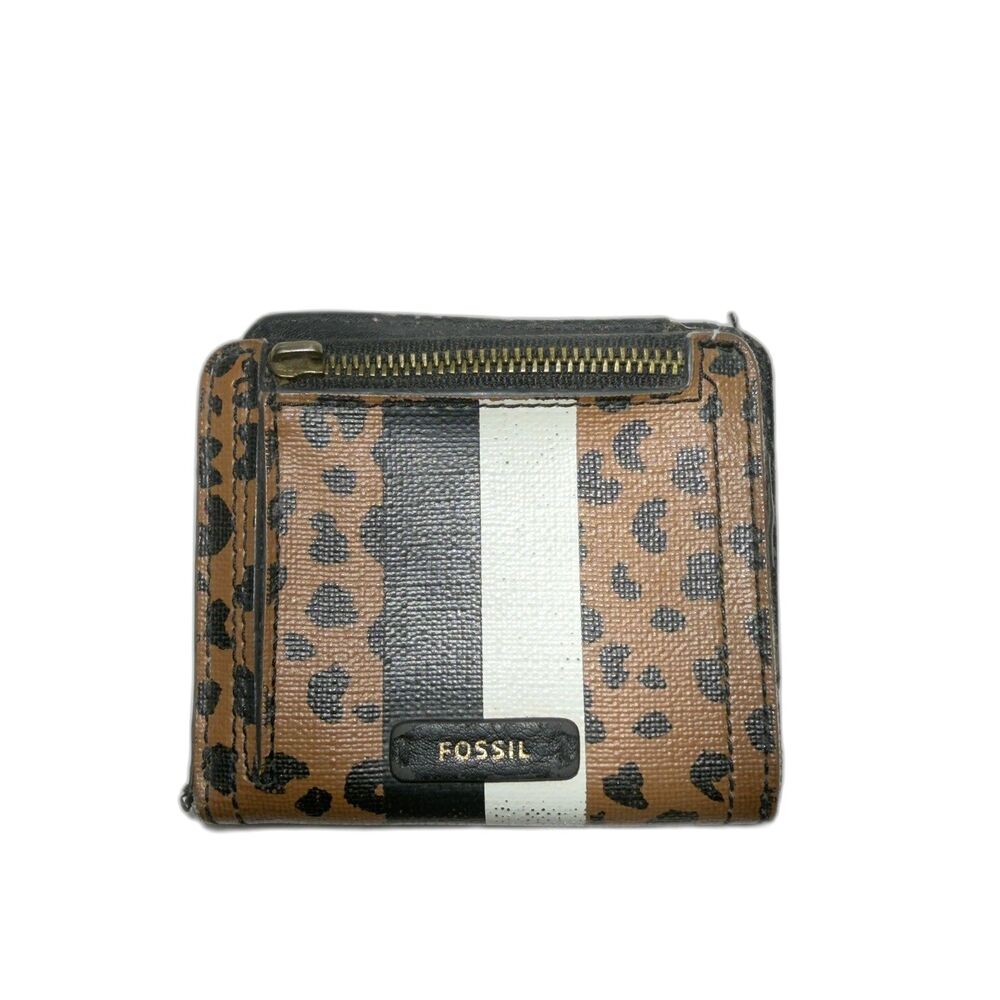 Fossil Bifold Snap Wallet Small Multifunction Brown Black Leopard With Stripe